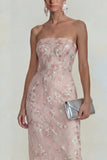 Sparkly Floral Appliqued Pink Strapless Sheath Maxi Wedding Guest Dress
