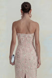 Sparkly Floral Appliqued Pink Strapless Sheath Maxi Wedding Guest Dress