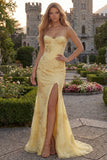 Yellow Sheath Spaghetti Straps Long Prom Dresses with Floral Embroidery
