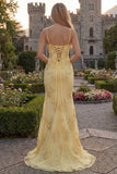 Yellow Sheath Spaghetti Straps Long Prom Dresses with Floral Embroidery