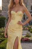 Yellow Sheath Spaghetti Straps Long Prom Dresses with Floral Embroidery