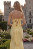 Yellow Sheath Spaghetti Straps Long Prom Dresses with Floral Embroidery