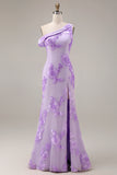 Yellow One Shoulder Sheath Long Prom Dress with Floral Embroidery