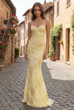 Yellow Sheath Spaghetti Straps Floral Embroidery Long Prom Dresses With Lace Up Back