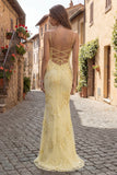 Yellow Sheath Spaghetti Straps Floral Embroidery Long Prom Dresses With Lace Up Back