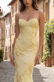 Yellow Sheath Spaghetti Straps Floral Embroidery Long Prom Dresses With Lace Up Back