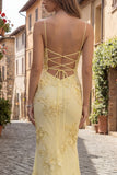 Yellow Sheath Spaghetti Straps Floral Embroidery Long Prom Dresses With Lace Up Back