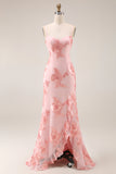 Blue Sheath Floral Embroidery Long Formal Dress with Ruffle Slit
