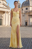 Yellow Sheath Floral Embroidered Ruffled Shoulder Strap Long Prom Dresses with Slit
