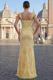 Yellow Sheath Floral Embroidered Ruffled Shoulder Strap Long Prom Dresses with Slit