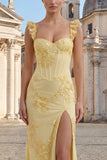 Yellow Sheath Floral Embroidered Ruffled Shoulder Strap Long Prom Dresses with Slit