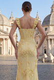 Yellow Sheath Floral Embroidered Ruffled Shoulder Strap Long Prom Dresses with Slit