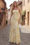 Yellow A-Line Spaghetti Straps Lace Up Back Long Prom Dress with Floral Embroidery