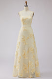 Yellow A-Line Spaghetti Straps Lace Up Back Long Prom Dress with Floral Embroidery