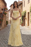 Yellow A-Line Spaghetti Straps Lace Up Back Long Prom Dress with Floral Embroidery