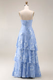 Yellow A-Line Spaghetti Straps Tiered Long Prom Dress with Floral Embroidery