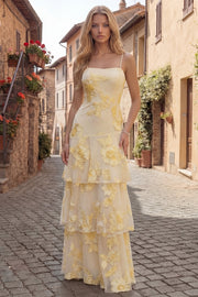 Yellow A-Line Spaghetti Straps Tiered Long Prom Dress with Floral Embroidery