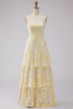 Yellow A-Line Spaghetti Straps Tiered Long Prom Dress with Floral Embroidery