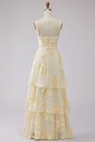 Yellow A-Line Spaghetti Straps Tiered Long Prom Dress with Floral Embroidery