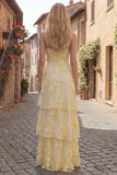 Yellow A-Line Spaghetti Straps Tiered Long Prom Dress with Floral Embroidery