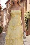 Yellow A-Line Spaghetti Straps Tiered Long Prom Dress with Floral Embroidery