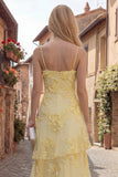 Yellow A-Line Spaghetti Straps Tiered Long Prom Dress with Floral Embroidery