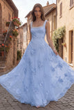 Yellow A Line Square Neck Long Prom Dress with Embroidery