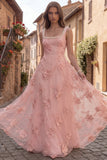 Yellow A Line Square Neck Long Prom Dress with Embroidery