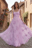 Yellow A Line Square Neck Long Prom Dress with Embroidery