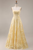 Yellow A Line Square Neck Long Prom Dress with Embroidery