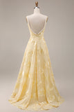 Yellow A Line Square Neck Long Prom Dress with Embroidery