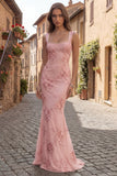 Yellow Mermaid Embroidered Square Neck Long Prom Dress