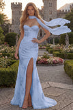 Mermaid Yellow Strapless Corset Long Prom Dress with a Neck Scarf