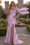 Mermaid Yellow Strapless Corset Long Prom Dress with a Neck Scarf