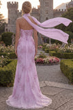 Mermaid Yellow Strapless Corset Long Prom Dress with a Neck Scarf