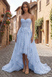 Yellow Strapless A Line Tulle Corset High-Low Prom Dress with Floral Embroidery