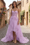 Yellow Strapless A Line Tulle Corset High-Low Prom Dress with Floral Embroidery