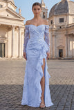 Yellow Sheath Off the Shoulder Floral Embroidery Tulle Long Prom Dress with Ruffled Slit
