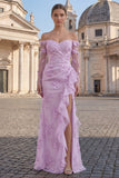 Yellow Sheath Off the Shoulder Floral Embroidery Tulle Long Prom Dress with Ruffled Slit