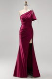 One Shoulder Burgundy Ruched Satin Mermaid Long Formal Dress with Slit