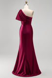 One Shoulder Burgundy Ruched Satin Mermaid Long Formal Dress with Slit