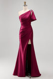 One Shoulder Burgundy Ruched Satin Mermaid Long Formal Dress with Slit