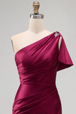 One Shoulder Burgundy Ruched Satin Mermaid Long Formal Dress with Slit