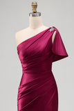 One Shoulder Burgundy Ruched Satin Mermaid Long Formal Dress with Slit