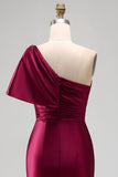 One Shoulder Burgundy Ruched Satin Mermaid Long Formal Dress with Slit