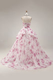 Ball Gown Strapless White Fuchsia Floral Quinceanera Dress