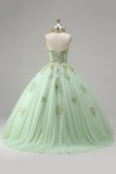 Ball Gown Strapless Corset Green Appliqued Quinceanera Dress