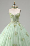 Ball Gown Strapless Corset Green Appliqued Quinceanera Dress