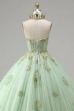 Ball Gown Strapless Corset Green Appliqued Quinceanera Dress