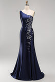Navy One Shoulder Appliqued Mermaid Satin Mother of the Bride Dress with Slit